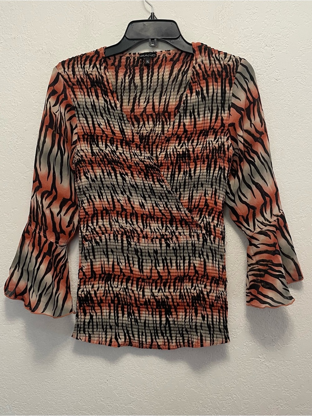 PIANO Womens Tiger Print Pleated V-Neck 3/4 Sleeve Blouse XL